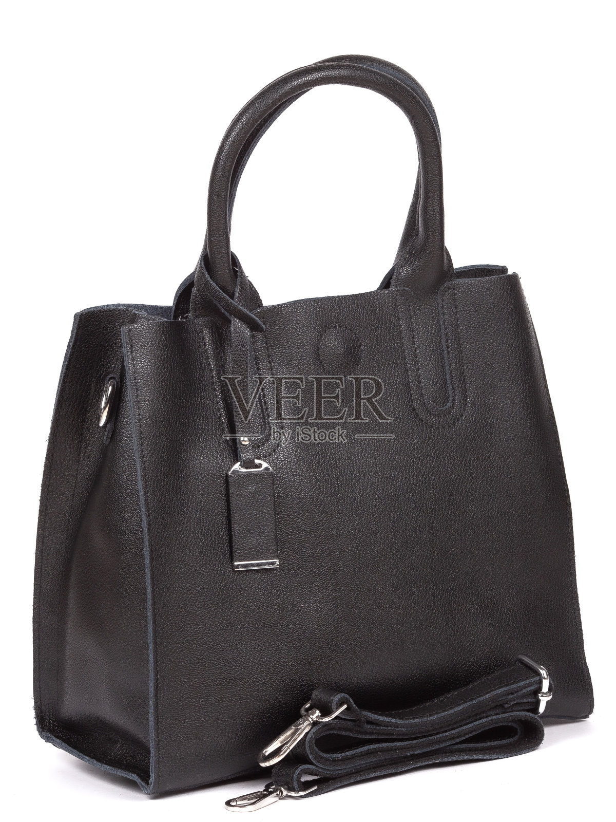 黑色大皮带皮革女人的手提包孤立在白色的背景照片摄影图片