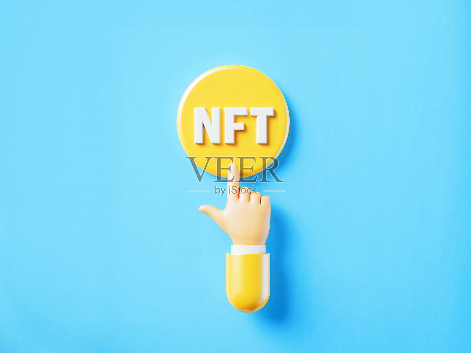 卡通风格的人手点击黄色按钮:NFT阅读按钮照片摄影图片