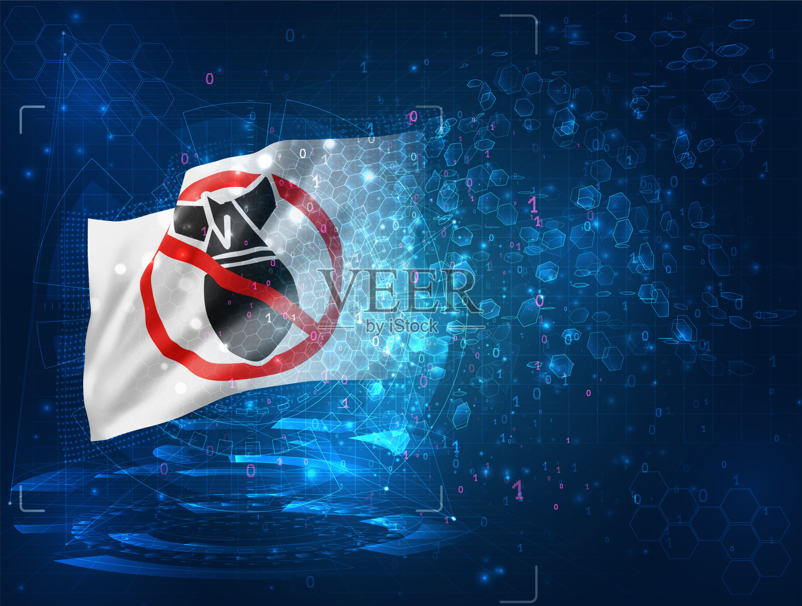 停止战争矢量旗帜，从三角形多边形的虚拟抽象三维对象在蓝色背景上设计元素图片