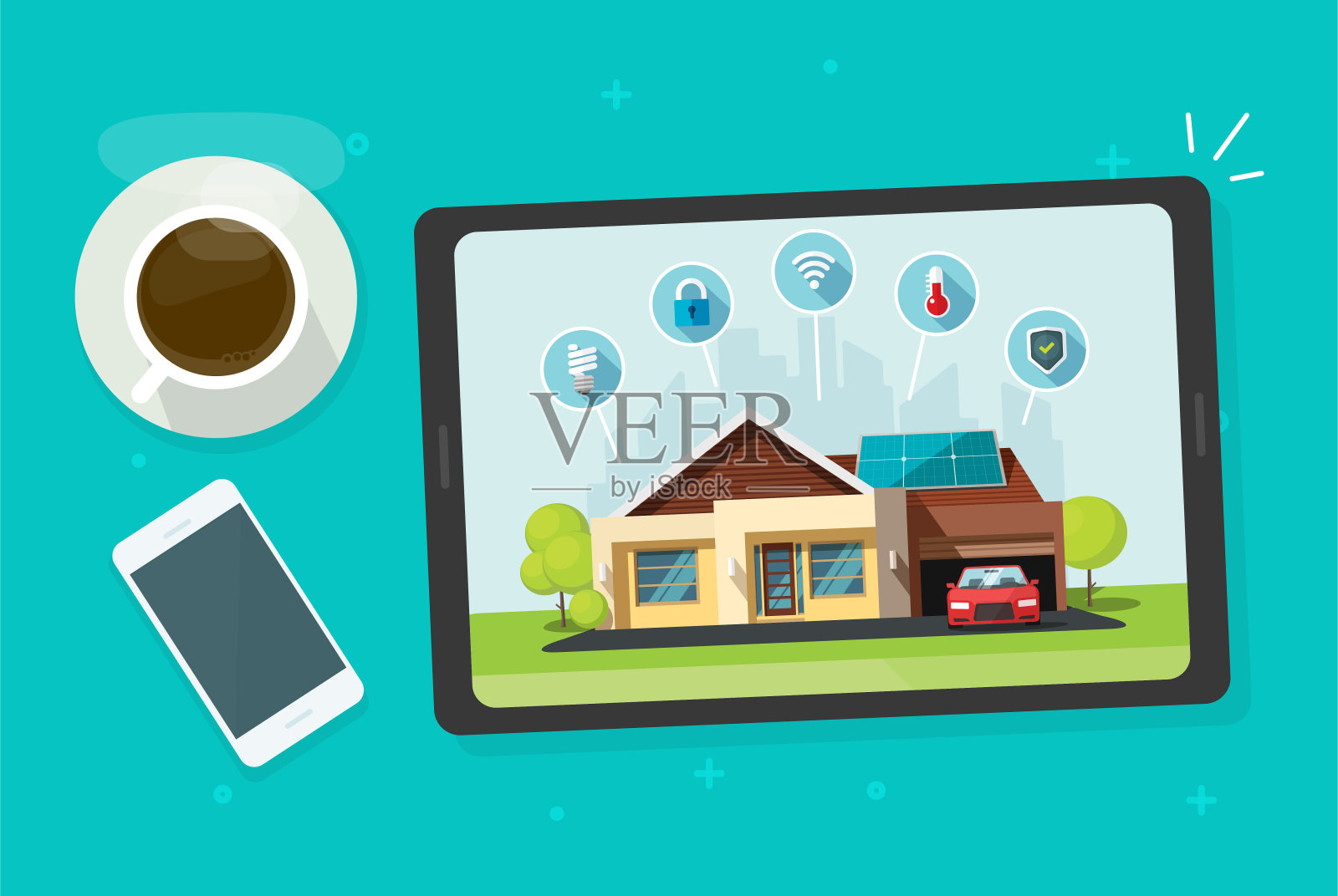 智能家居和住宅自动化能源控制系统在平板设备屏幕平面布局矢量概念或无线创新建筑远程安全监控与太阳能现代技术插画图片素材