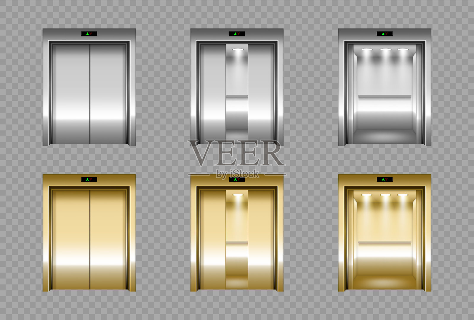 不同的电梯门套在透明的背景上隔离。向量现实的例子插画图片素材
