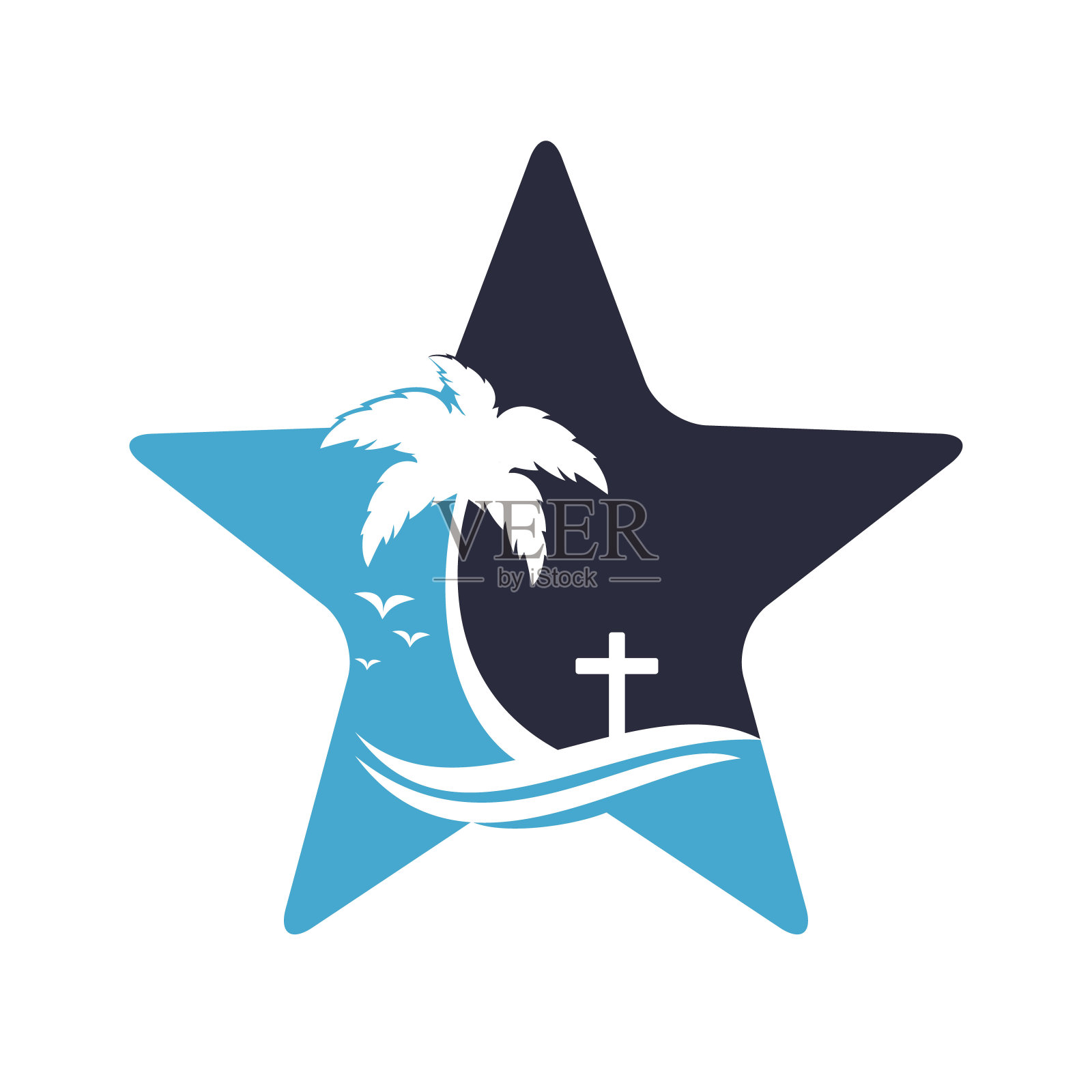 海滩教堂标志设计。基督教教堂跨海滩矢量标志设计。插画图片素材