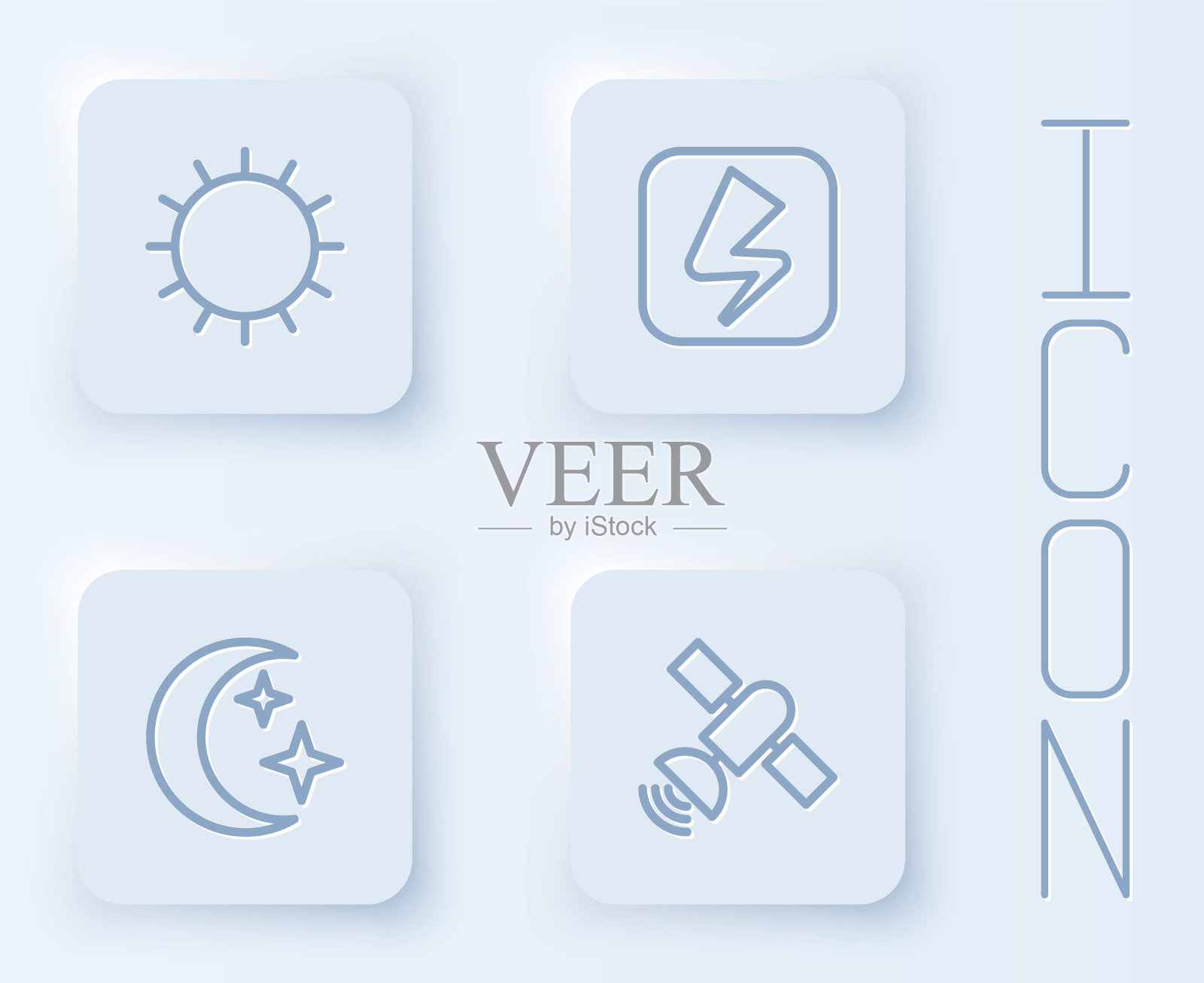 日落线，闪电，月亮，星星和卫星。白色正方形按钮。向量图标素材
