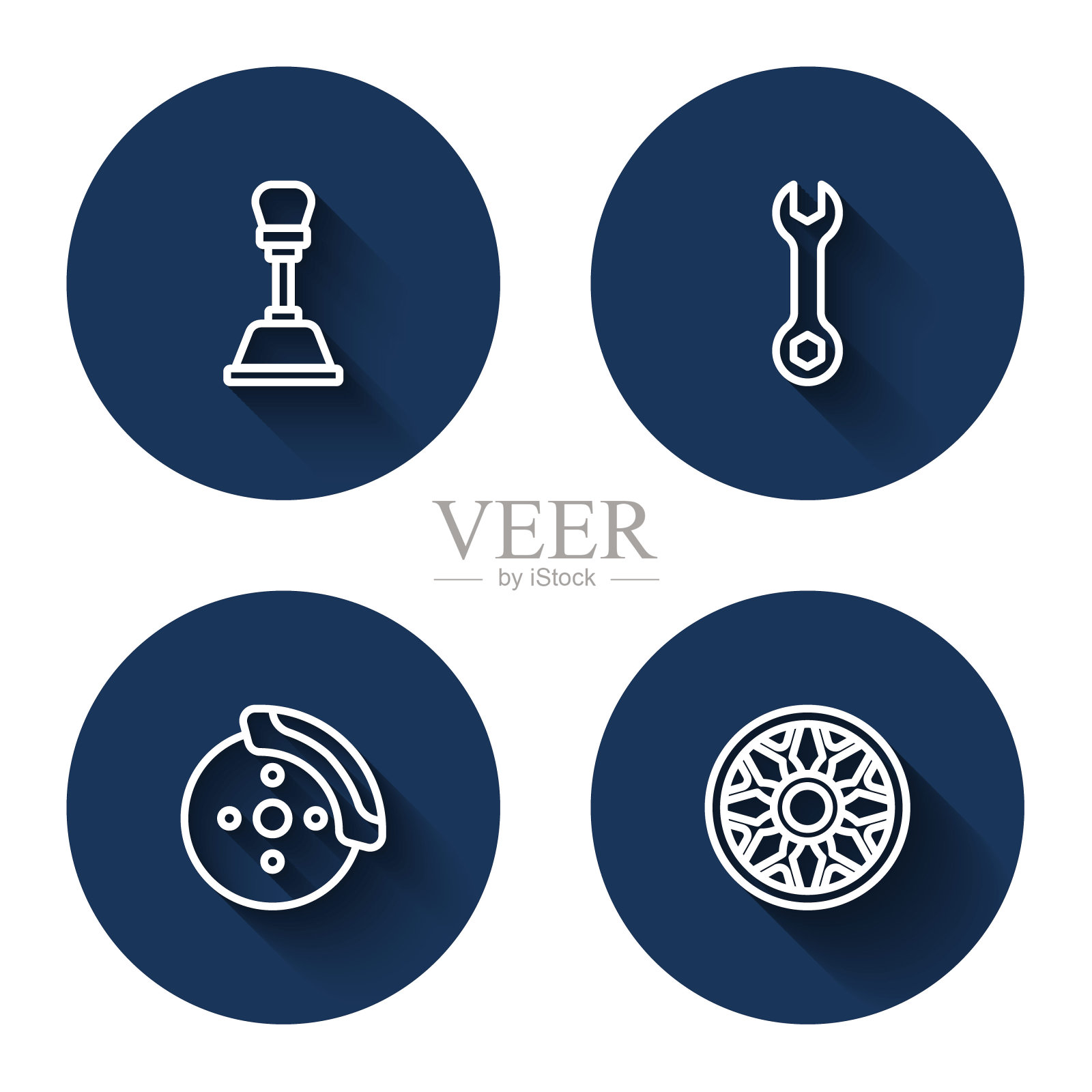 设有线挡、扳手、带卡钳的汽车制动盘和长影子汽车用合金轮。蓝色圆按钮。向量图标素材