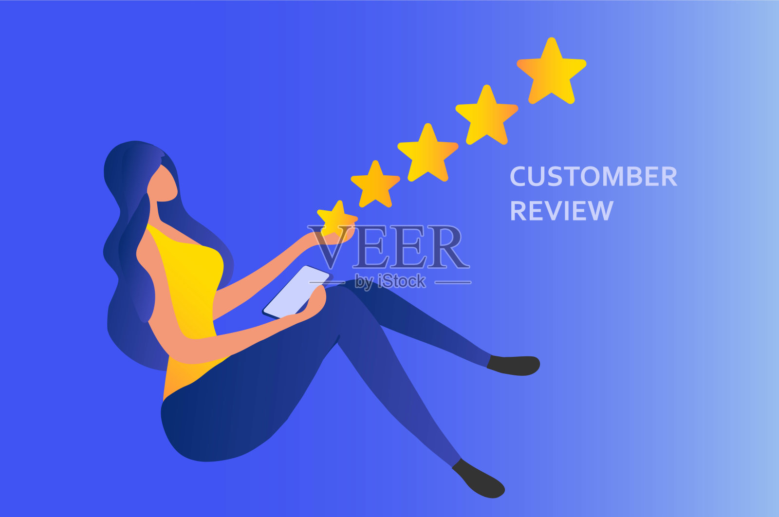 客户点评女士给出5星评级反馈图标和等级优级点评服务矢量图。用户评分、客户满意度和反馈插画图片素材