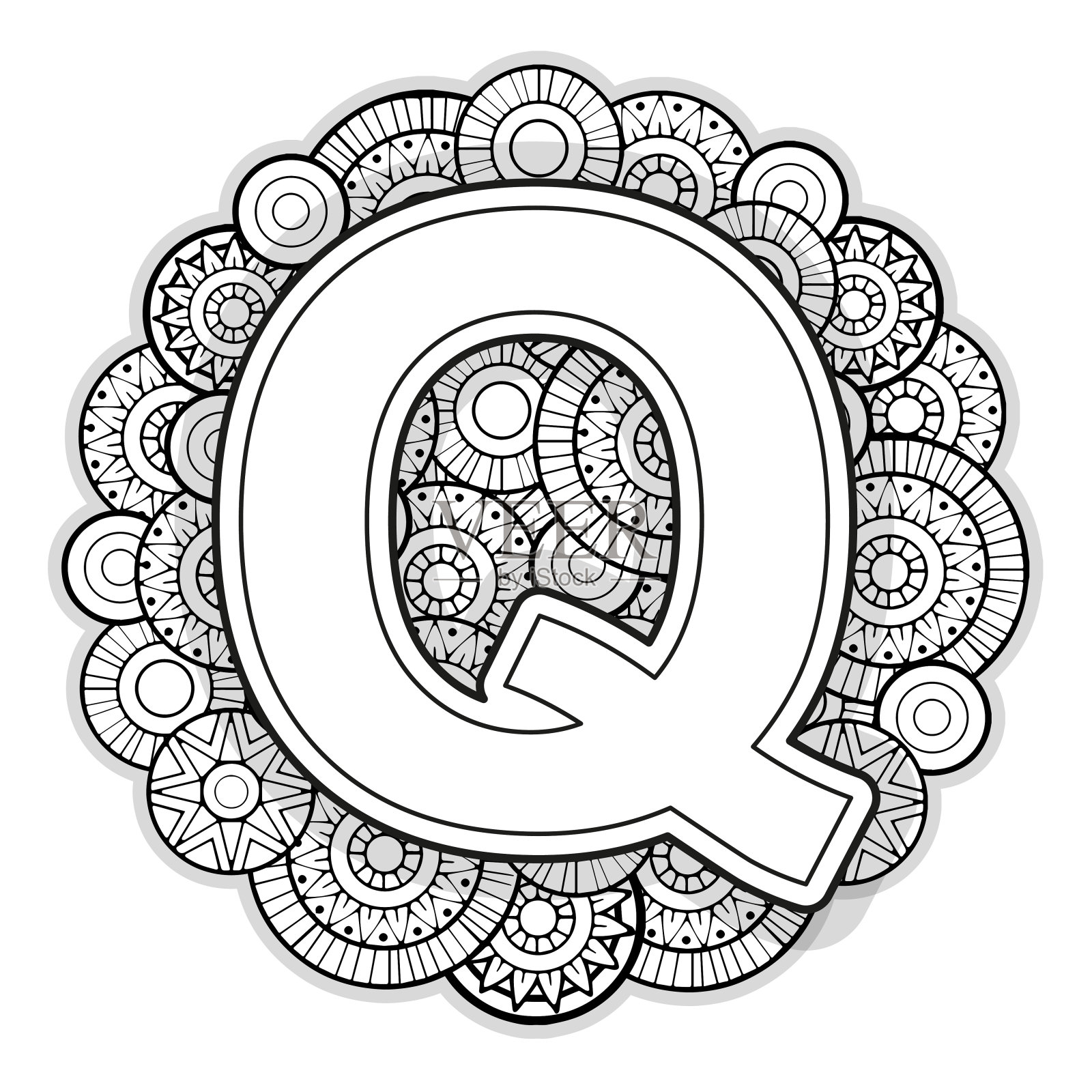 矢量着色页为成人。轮廓黑白大写英文字母Q在曼荼罗的背景上设计元素图片