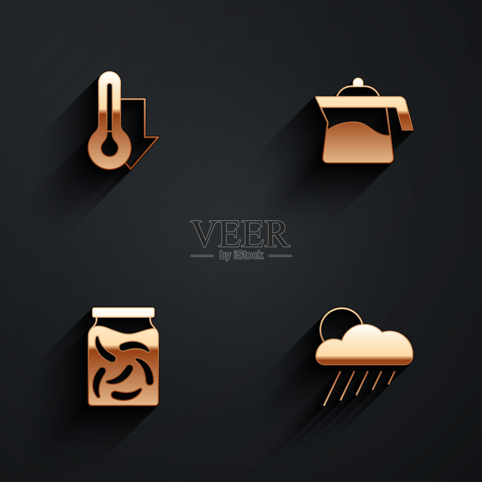 设置温度计，茶壶，坛子里的腌黄瓜和带雨的云和带长阴影的太阳图标。向量图标素材