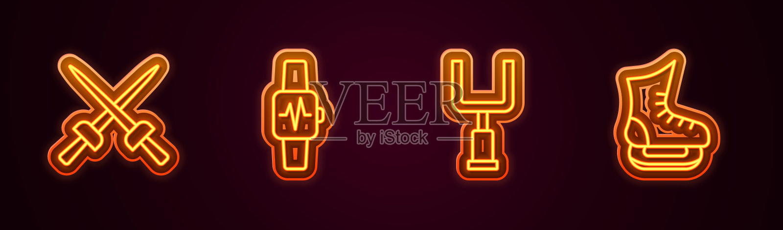 设置线击剑，智能手表与心脏，美式足球门柱和溜冰鞋。发光的霓虹灯图标。向量插画图片素材