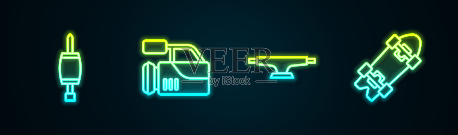 设置线螺丝刀，电影院相机，滑板轮和长板或滑板。发光的霓虹灯图标。向量插画图片素材