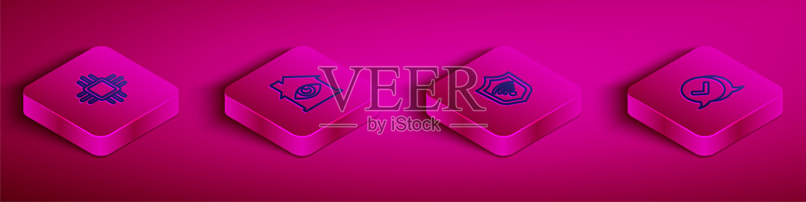 设置等距线处理器与微电路CPU，房子眼睛扫描，屏蔽WiFi无线和检查标记在语音气泡图标。向量插画图片素材