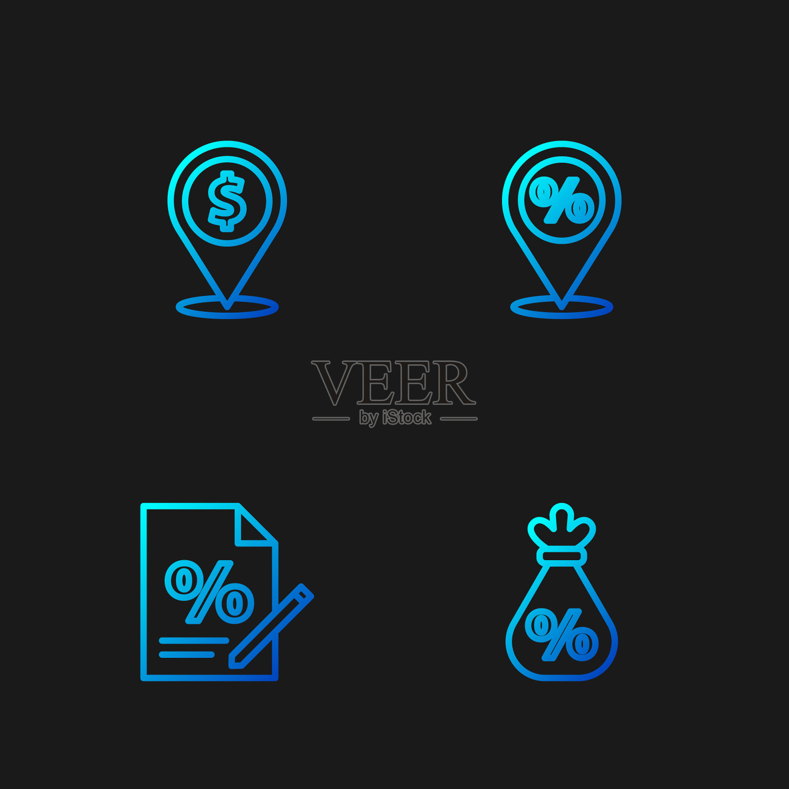 设置线钱袋与百分比，财务文件，现金位置和位置折扣。渐变颜色图标。向量图标素材