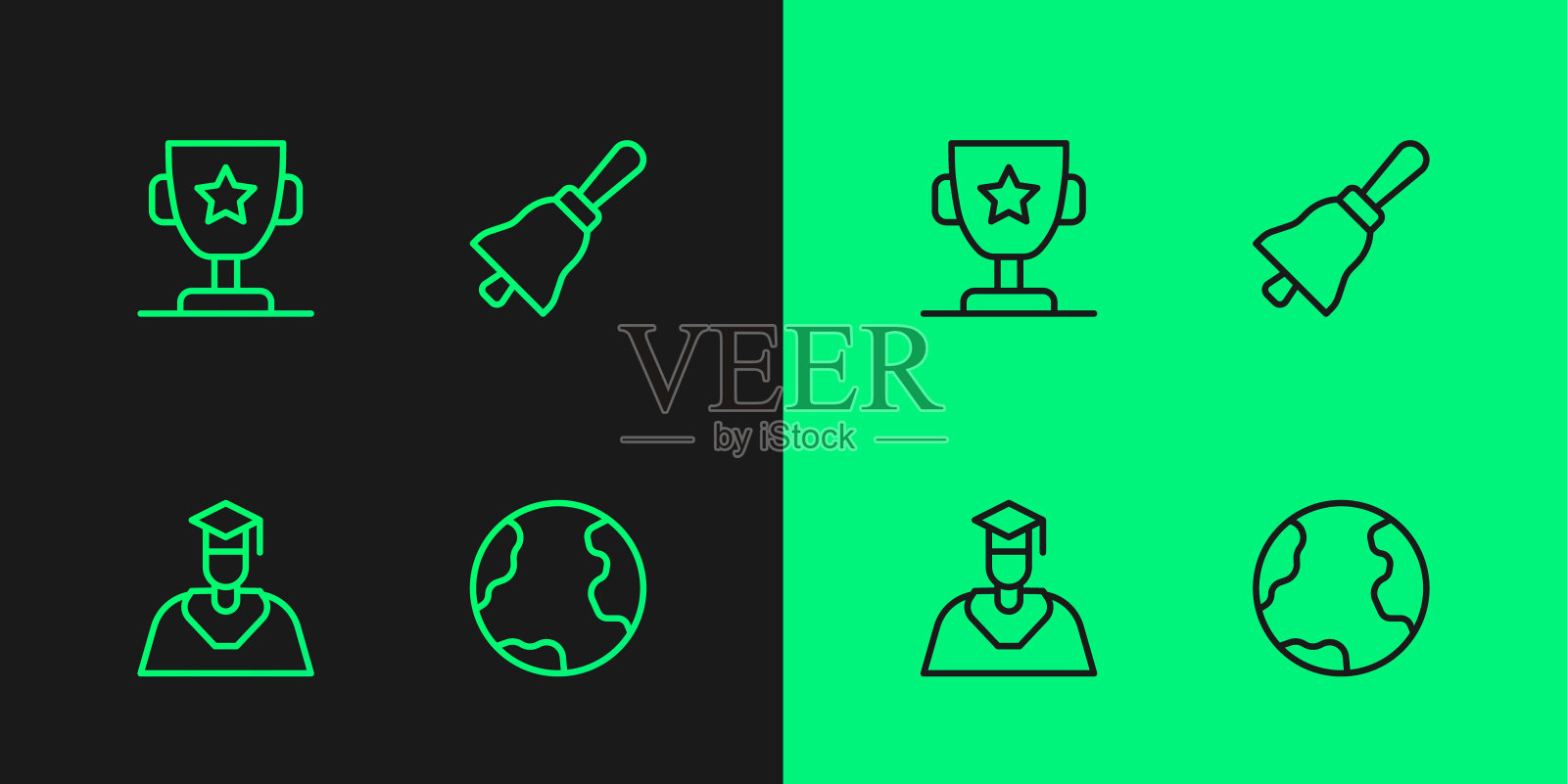 设置线路地球仪、毕业帽、奖杯、铃声图标。向量插画图片素材