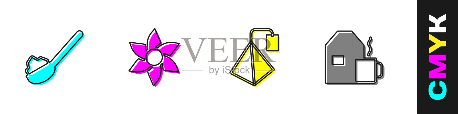 设置勺子与糖，花，茶袋和杯茶牛奶图标。向量插画图片素材