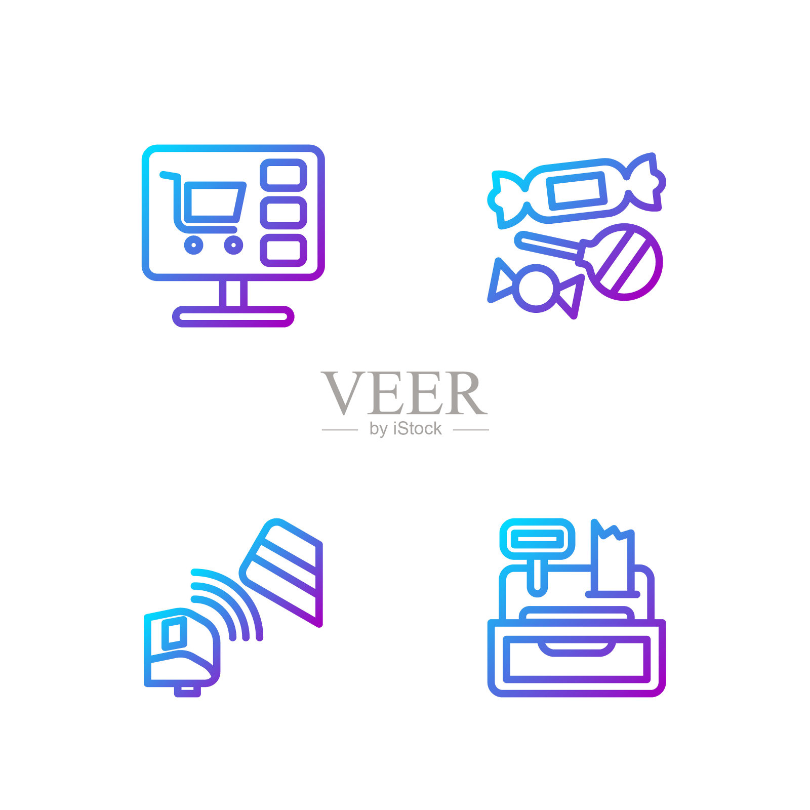 集收银机、刷卡POS机、电脑购物车、糖果于一体。渐变颜色图标。向量图标素材