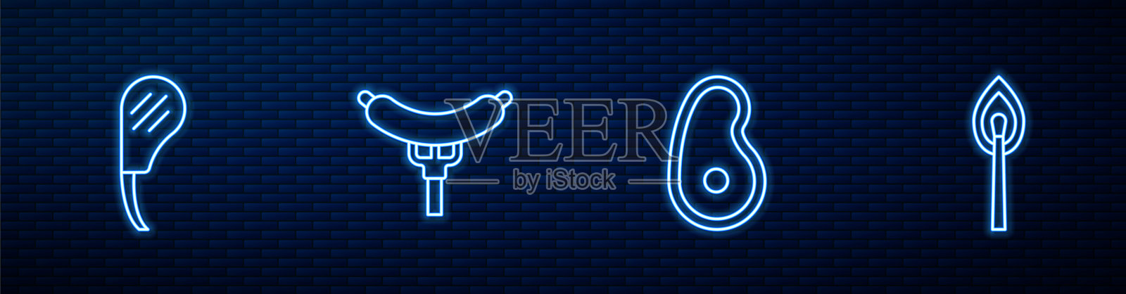 排好牛排，肋眼牛排，叉子上的香肠和燃烧火柴与火。砖墙上闪烁的霓虹灯图标。向量插画图片素材