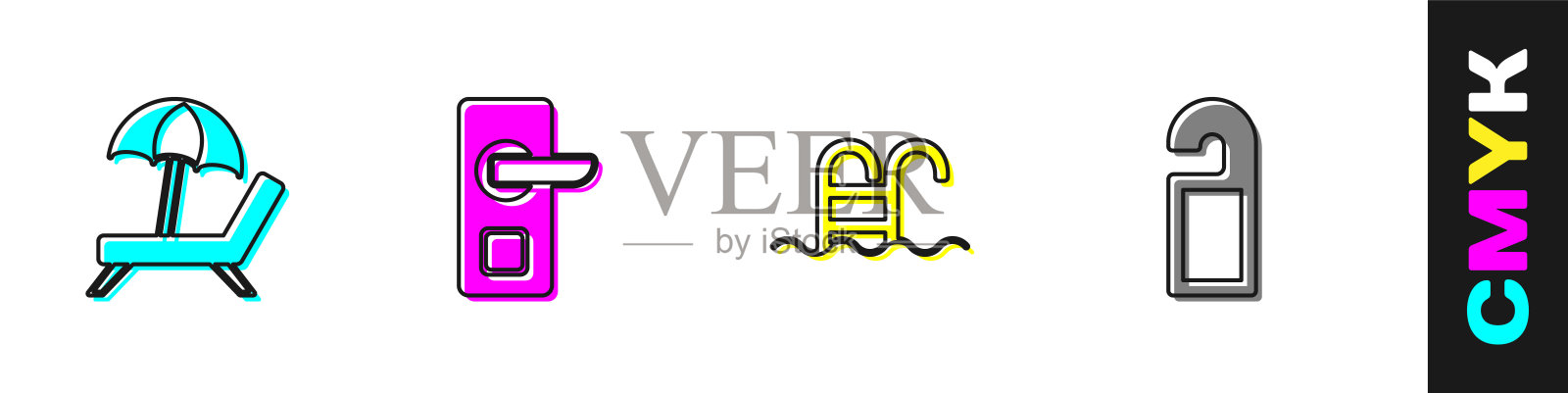 设置带伞日光浴床、数码门锁、游泳池及请勿打扰图标。向量设计元素图片