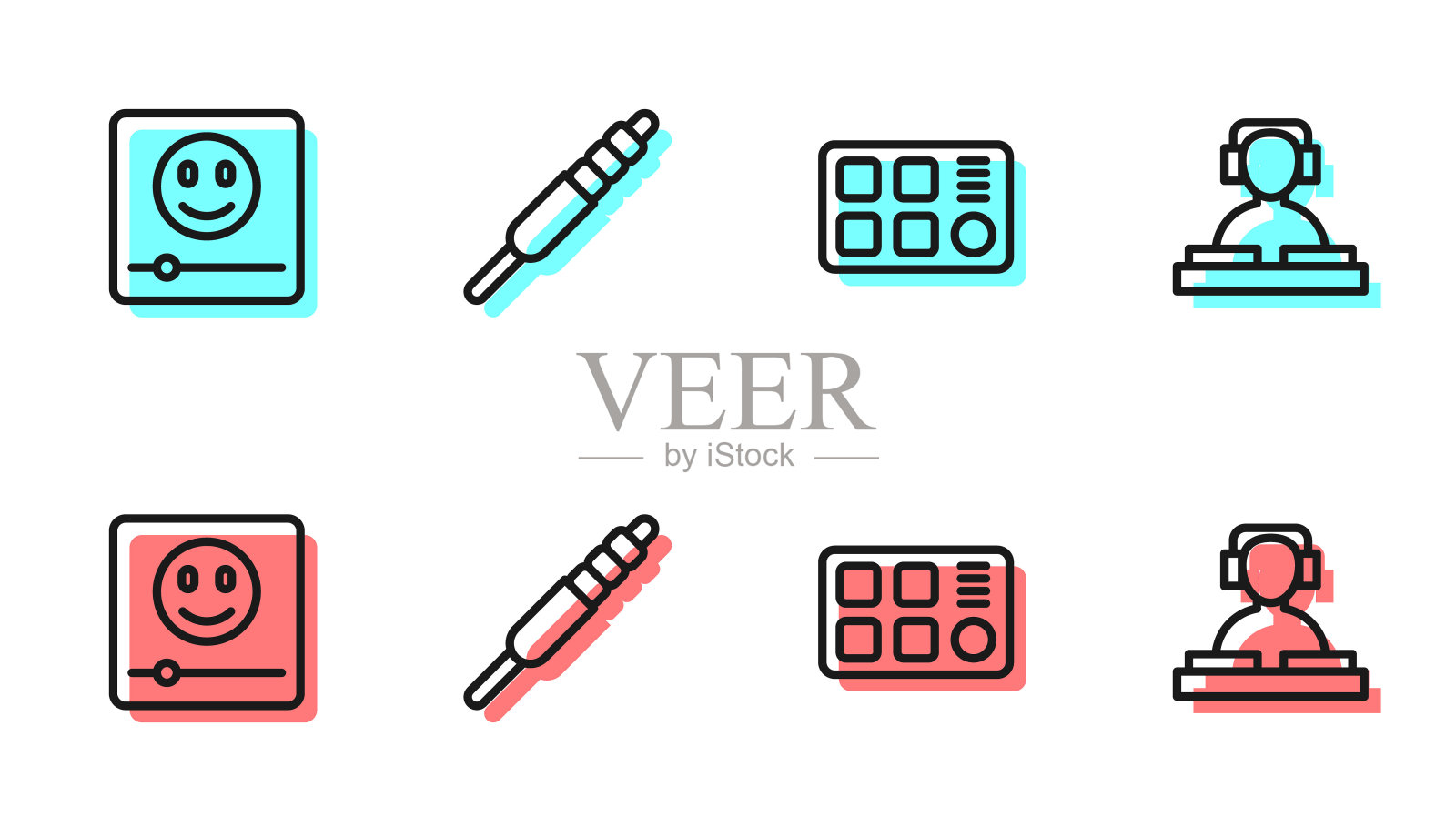 设置打鼓机，音乐播放器，音频插孔和DJ播放音乐图标。向量图标素材