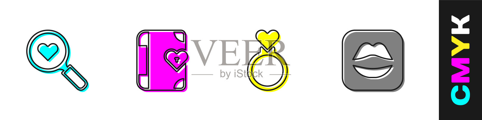 设置搜索心和爱，爱情日记，结婚戒指和微笑的嘴唇图标。向量图标素材