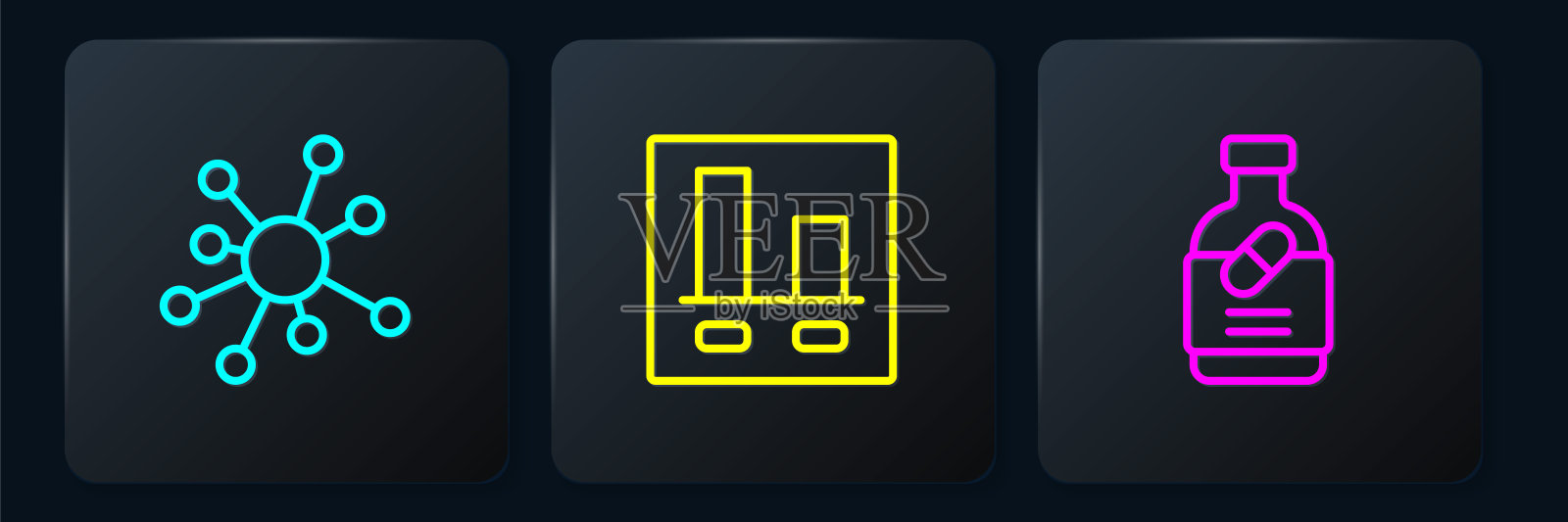 设置分子、药瓶、药丸线和图形信息图。黑色方形按钮。向量插画图片素材