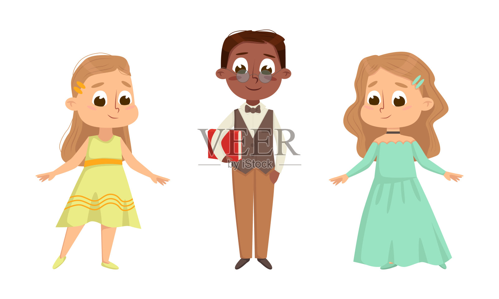 可爱的孩子穿着优雅的衣服站立和微笑向量集设计元素图片