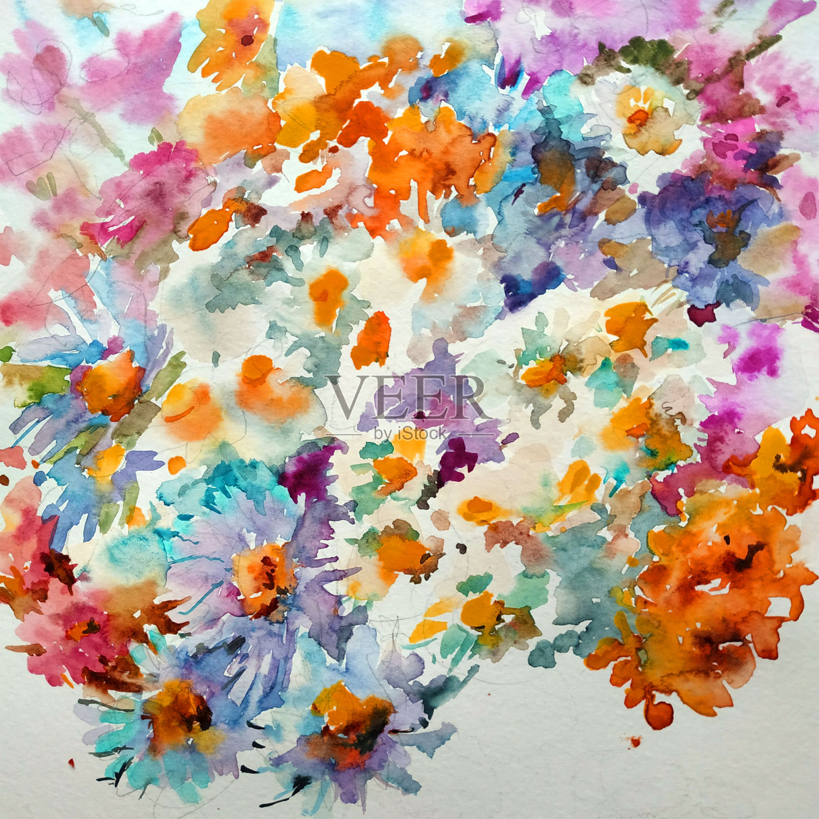 抽象鲜艳的装饰背景。花的图案手工制作。美丽温柔浪漫的夏日花束插画图片素材