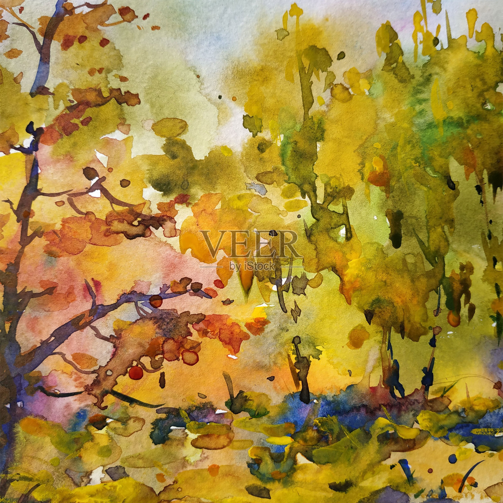 水彩彩色明亮纹理抽象背景手工制作。地中海风景。公园植被的绘画，插画图片素材