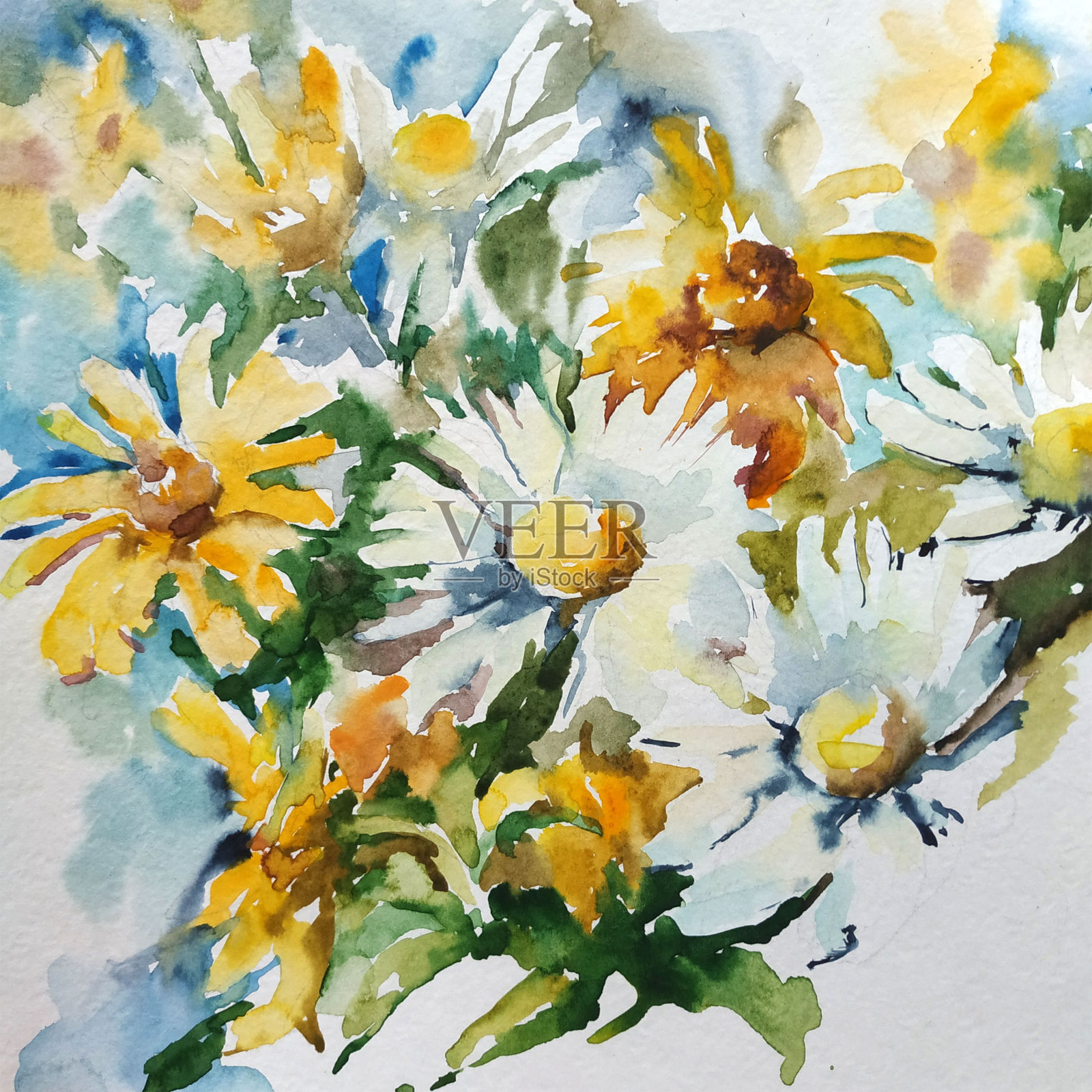 抽象鲜艳的装饰背景。花的图案手工制作。美丽温柔浪漫的夏日花束插画图片素材