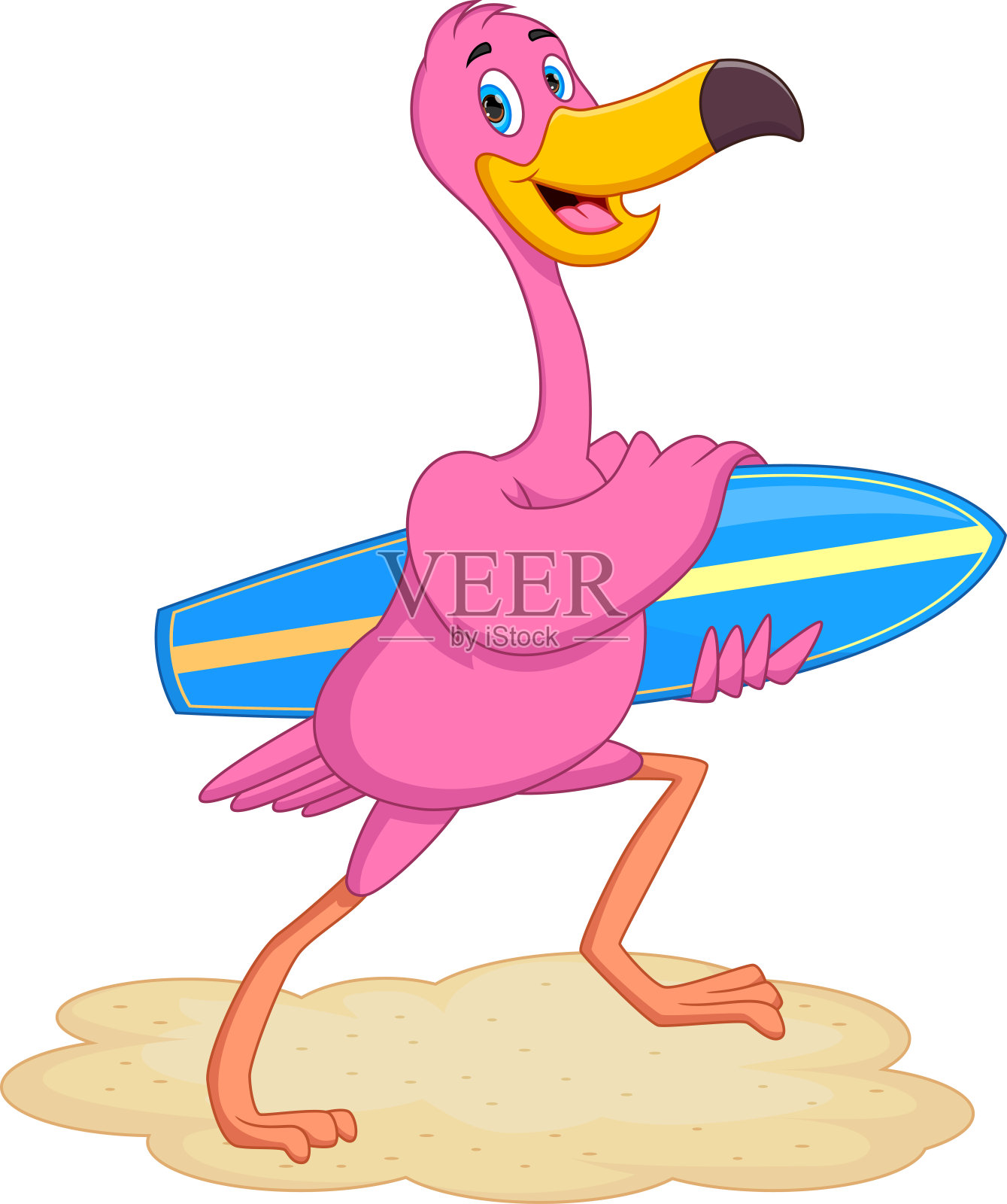 卡通可爱的火烈鸟扛着冲浪板插画图片素材