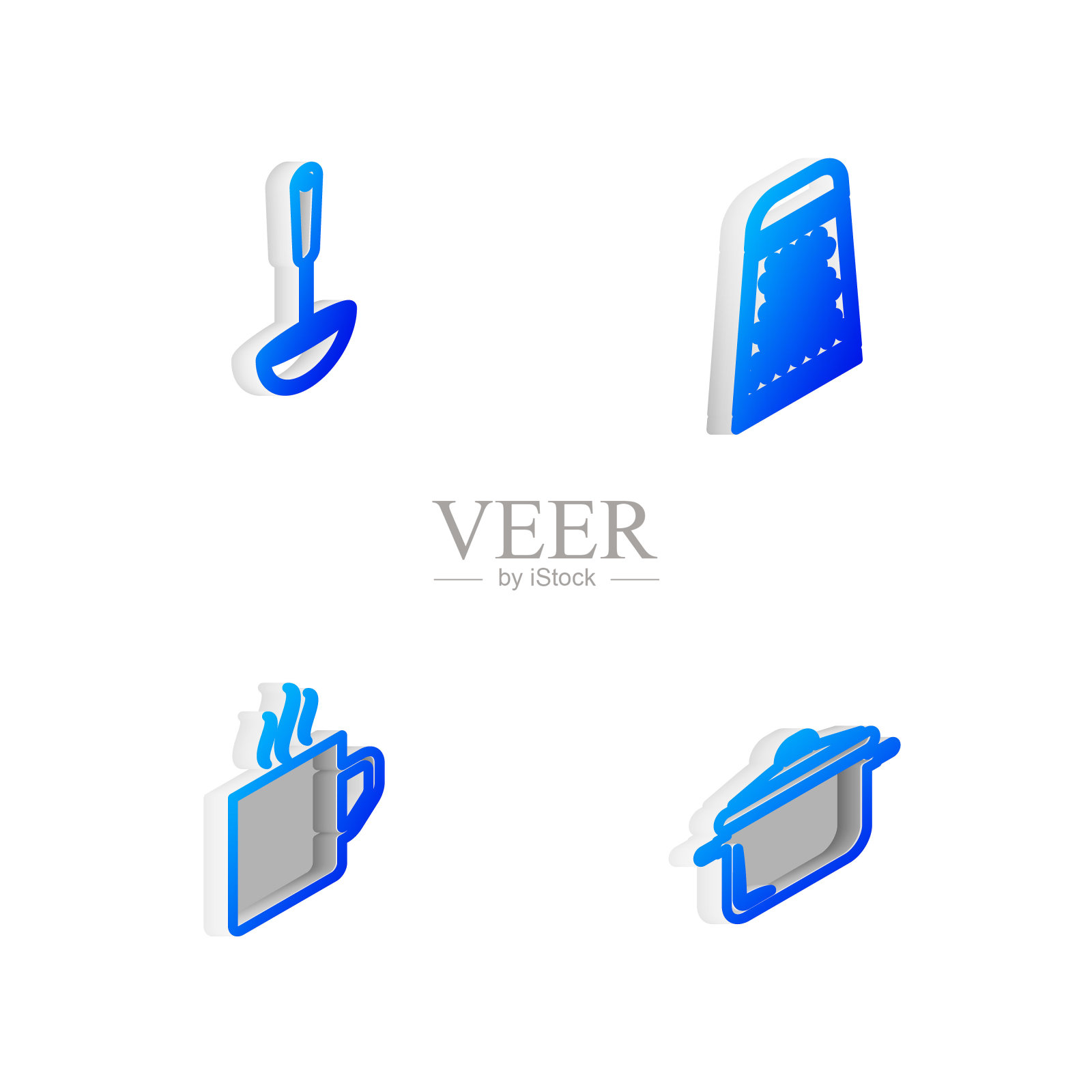 设置等距线刨，厨房勺，咖啡杯和烹饪锅图标。向量图标素材