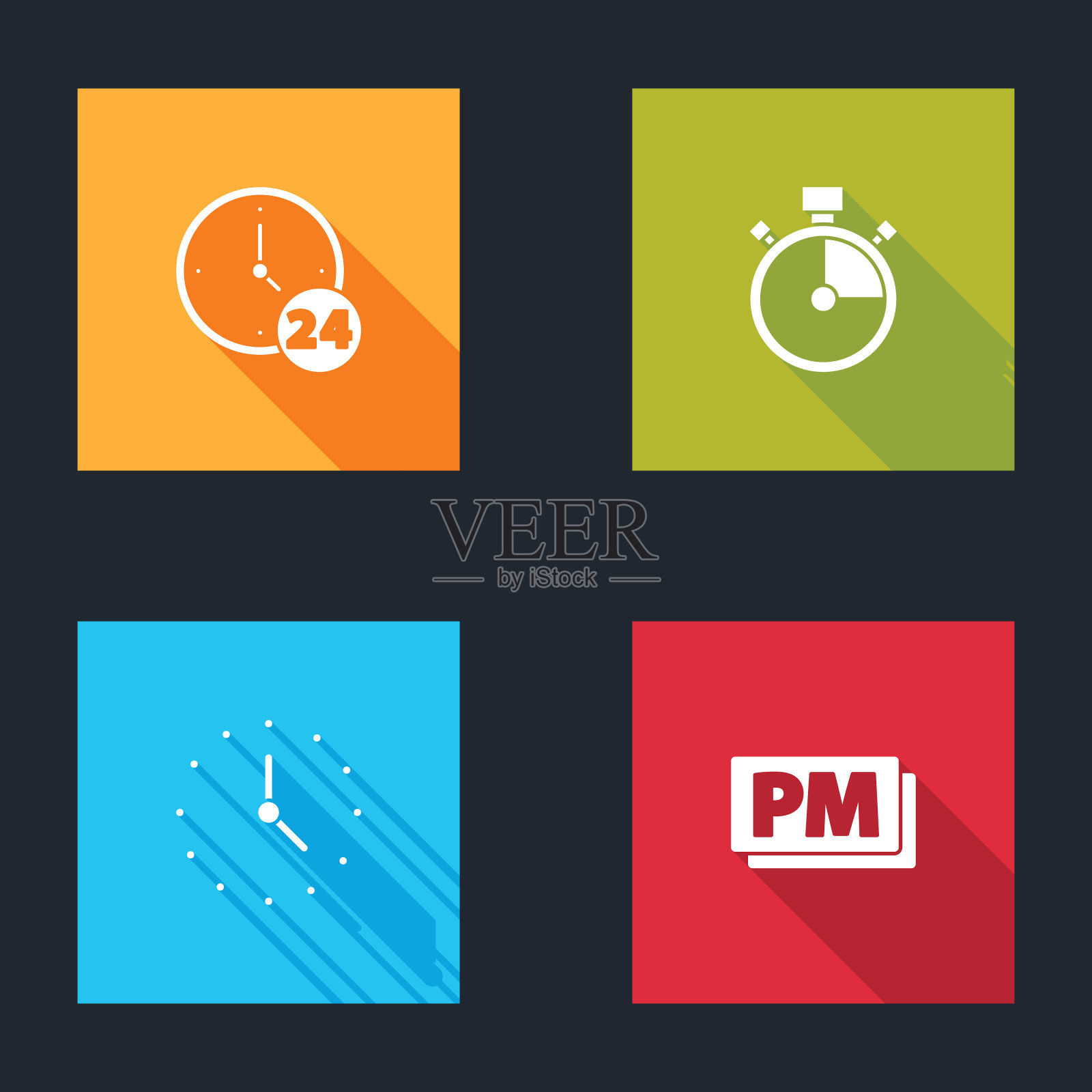 设置时钟24小时、秒表和下午图标。向量图标素材