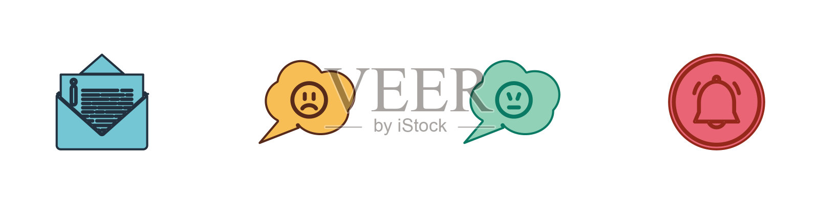 设置信封、语音气泡带悲伤微笑、生气和按钮聊天通知图标。向量图标素材