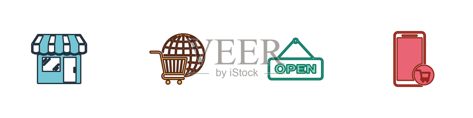 设置市场商店，购物车与地球仪，悬挂标志开门和移动和购物图标。向量图标素材