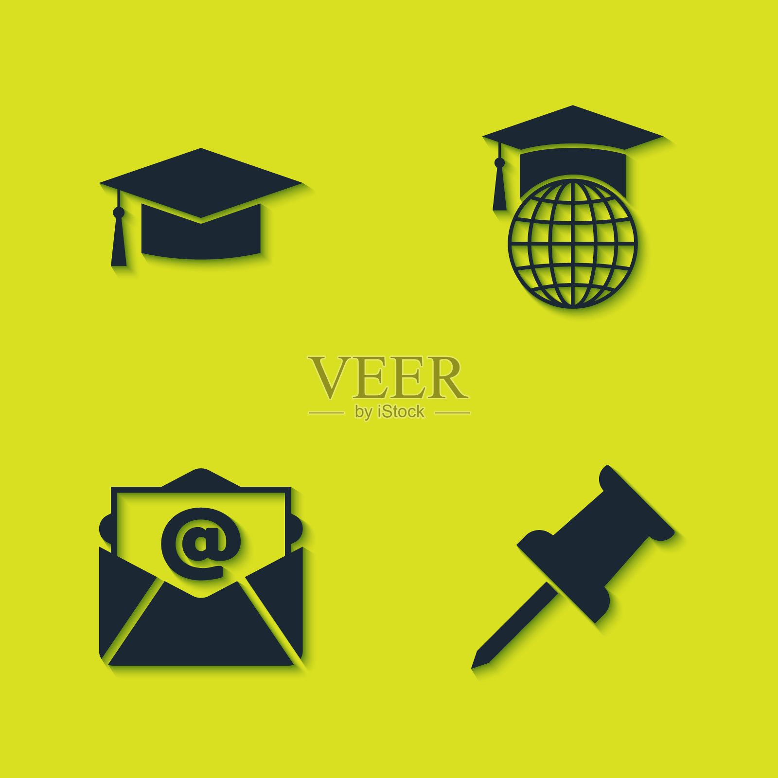 设置毕业帽，推销，邮件和电子邮件和全球图标。向量图标素材