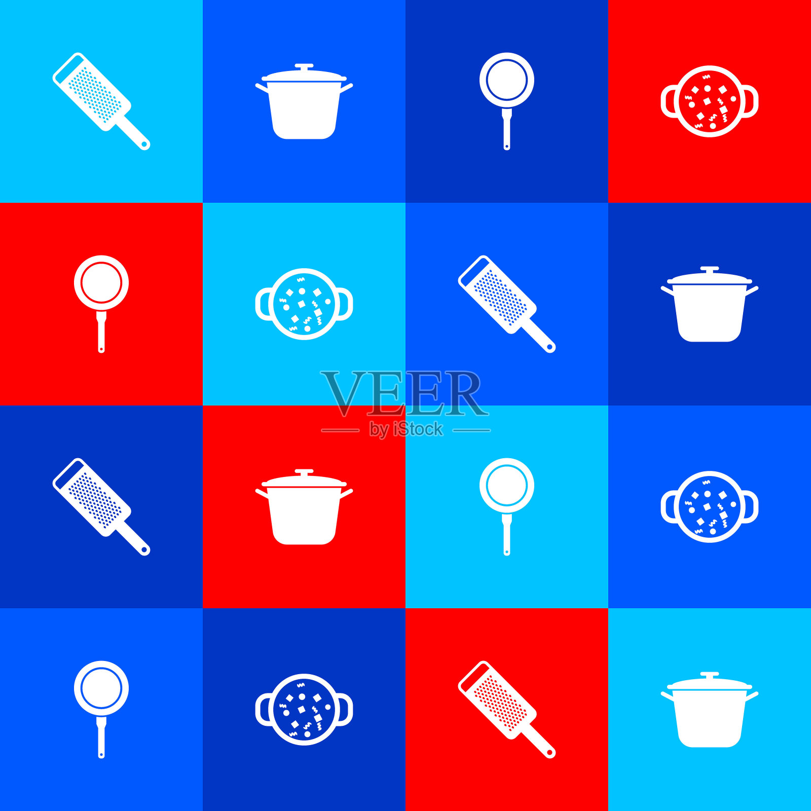 设置刨丝器，煮锅，煎锅和汤图标。向量插画图片素材