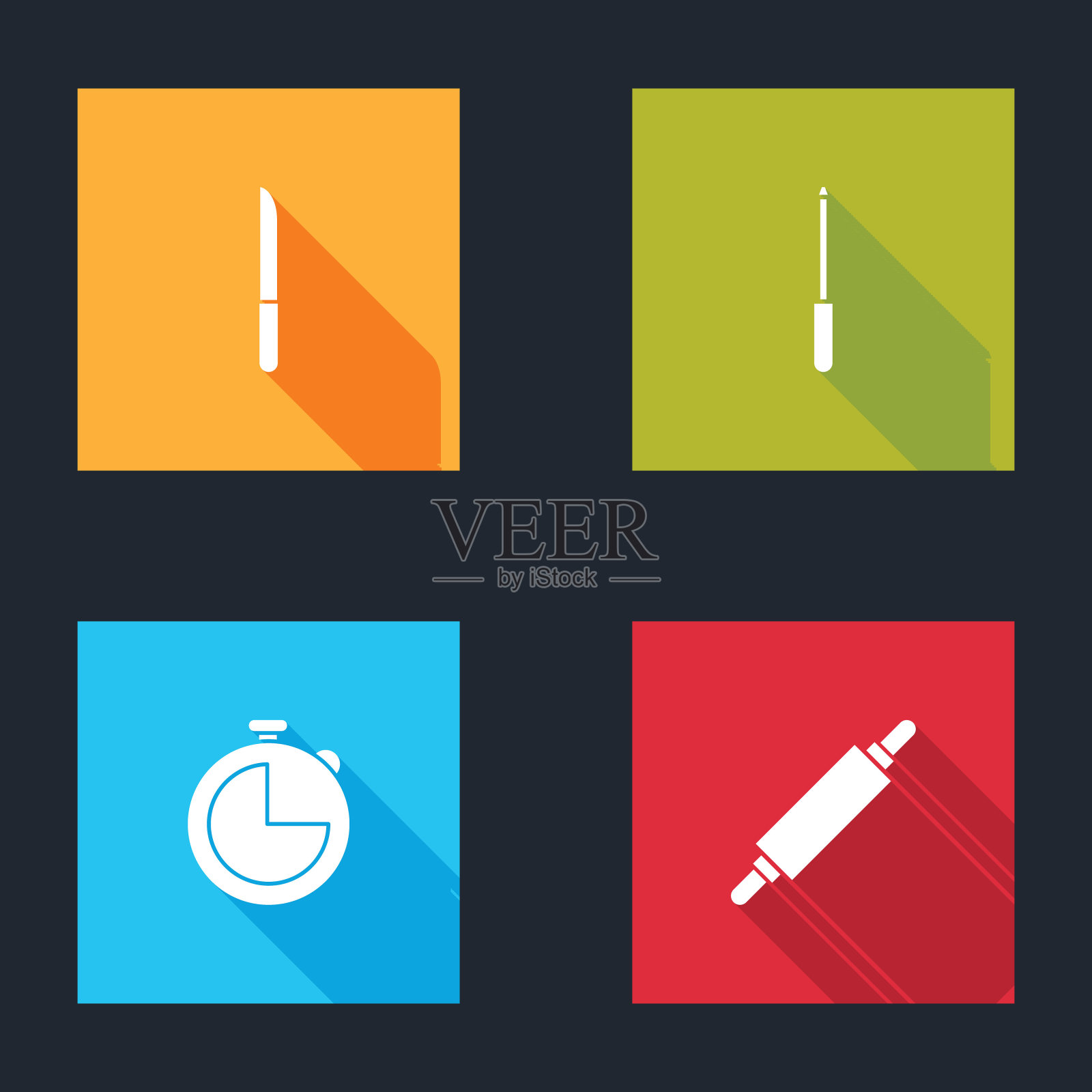 设置刀，磨刀器，厨房定时器和滚动销图标。向量图标素材