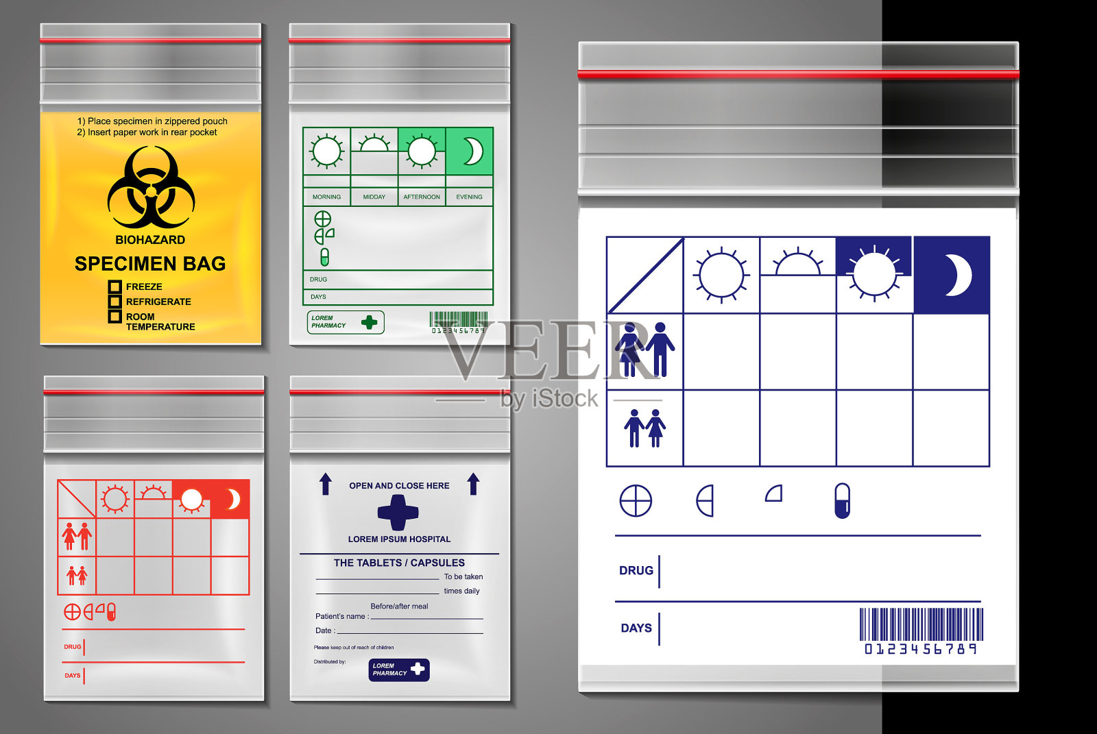 套透明塑料拉链袋或空塑料聚乙烯容器或模拟密封医药塑料袋自粘概念。每股收益向量插画图片素材