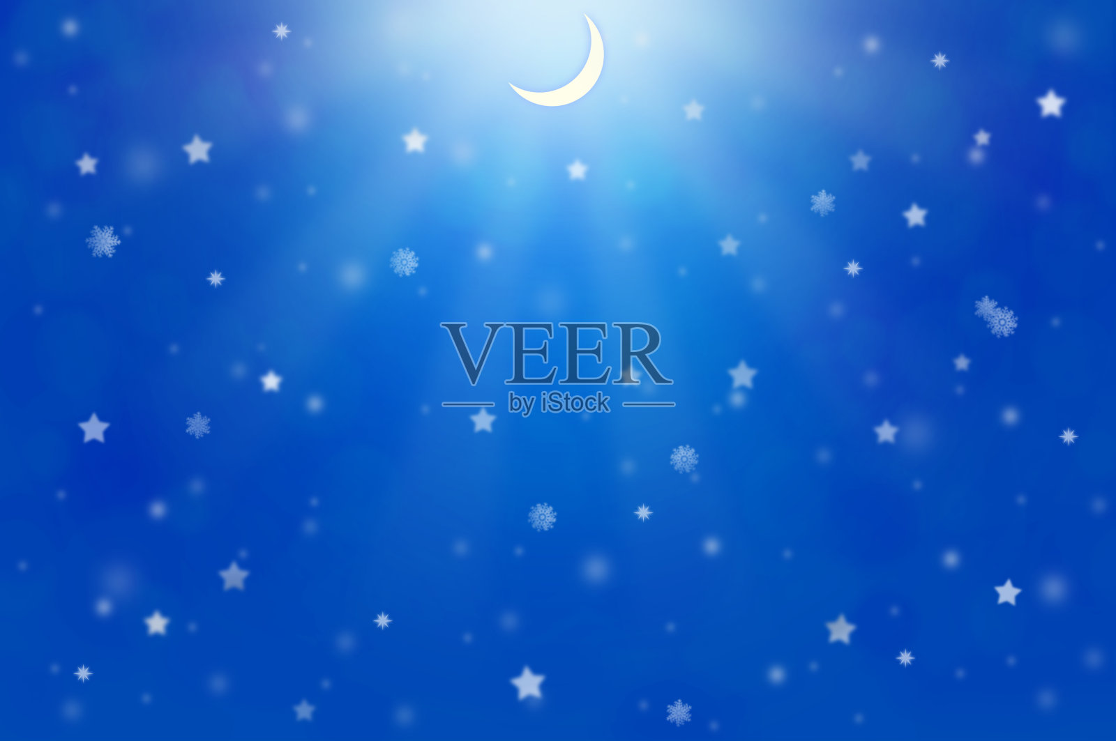 这是下雪，闪亮的模糊新月和星星的背景插图插画图片素材