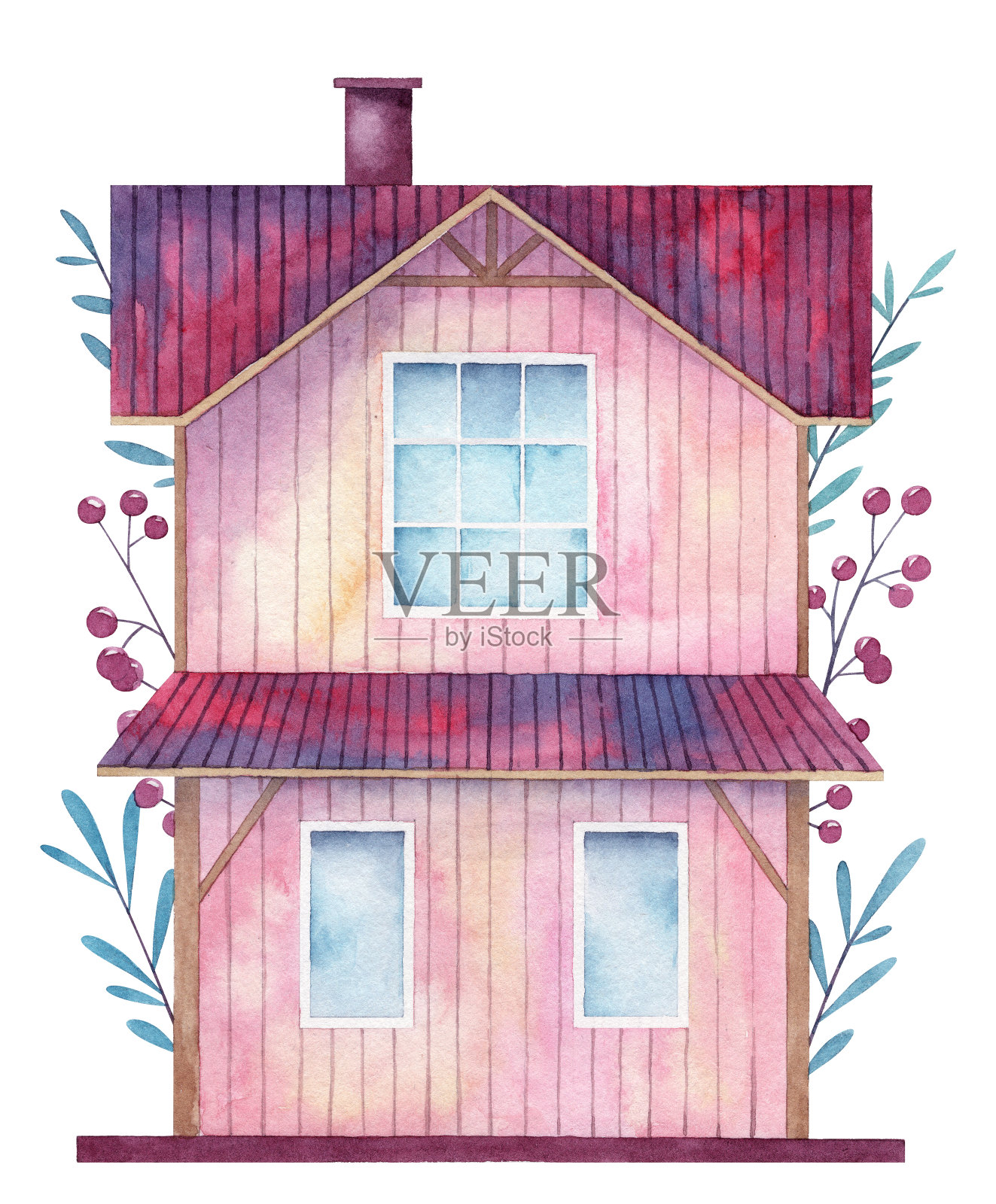 一个可爱的粉红色房子的水彩插图与瓦片屋顶和烟囱与花朵的背景。手绘可爱的农舍画设计元素图片