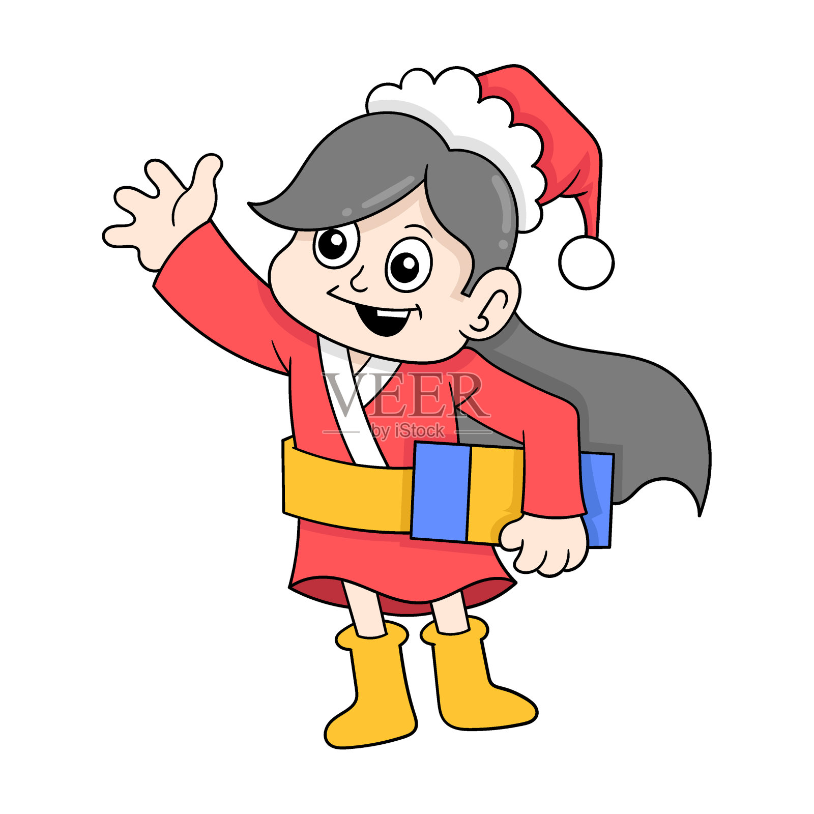 可爱的女孩穿着圣诞老人的衣服带来圣诞礼物，涂鸦图标形象可爱设计元素图片