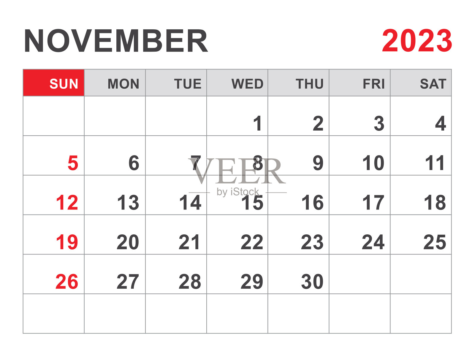 日历2023模板，2023年11月布局，可打印的极简月历，台历2023模板，挂历设计，周周日开始，文具，印刷，红色，矢量“n”n插画图片素材