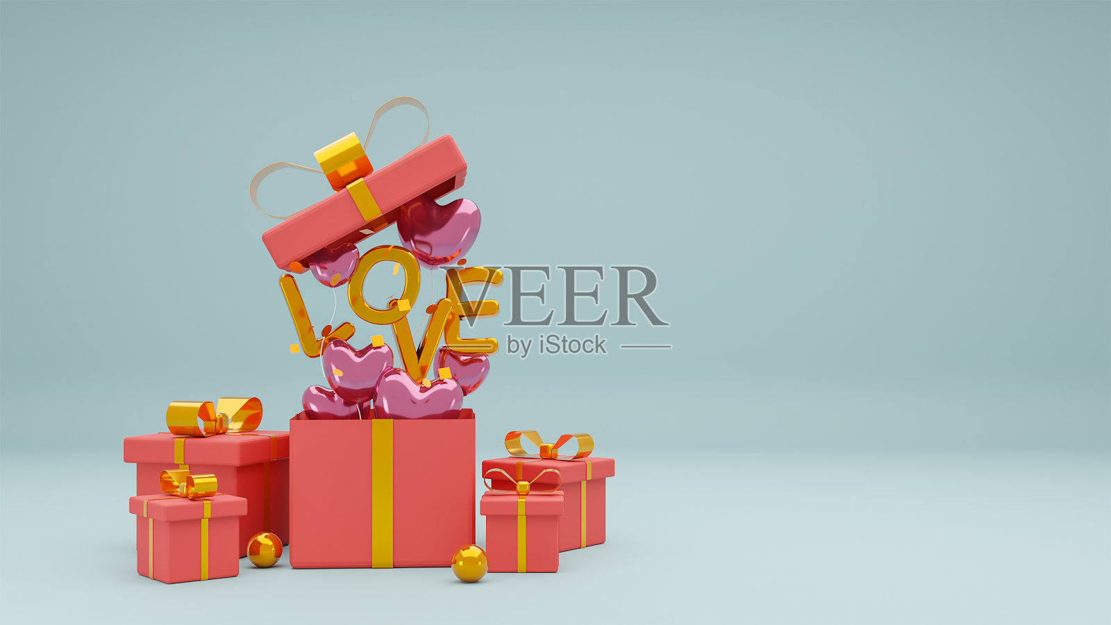 情人节快乐，金色的爱情文本和气球心在蓝色的天空背景的礼盒。三维渲染照片摄影图片