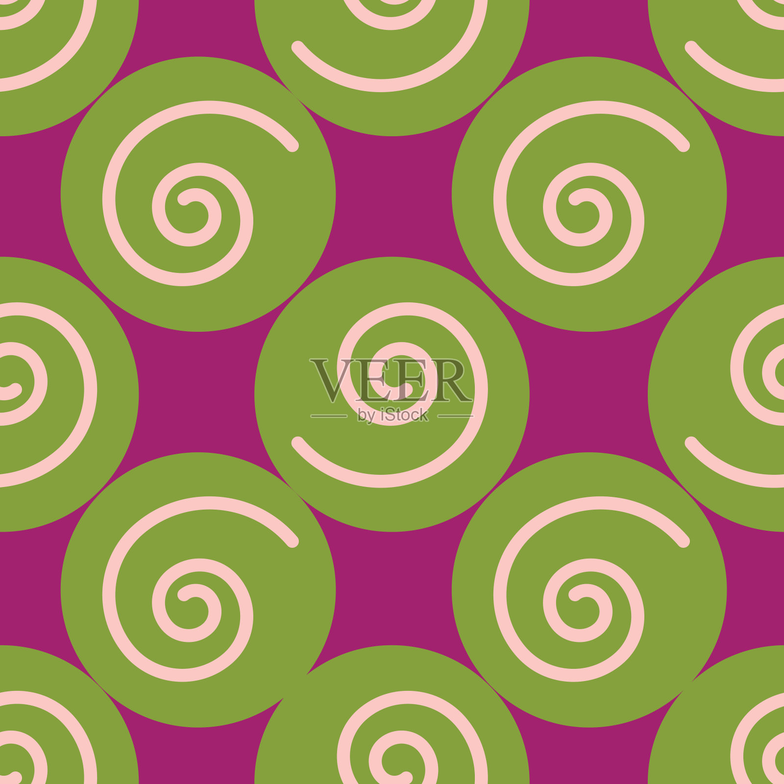 抽象几何圆无缝图案。绿色的圆圈和螺旋在紫色的背景上。插画图片素材