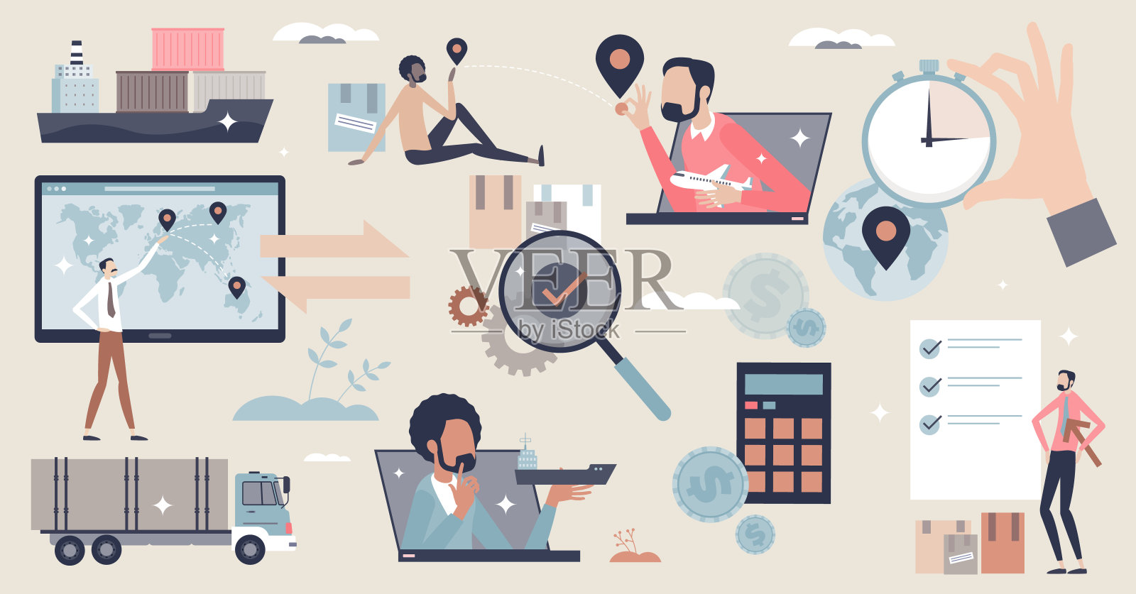 供应链管理设置项目与供应链物流小人收集插画图片素材