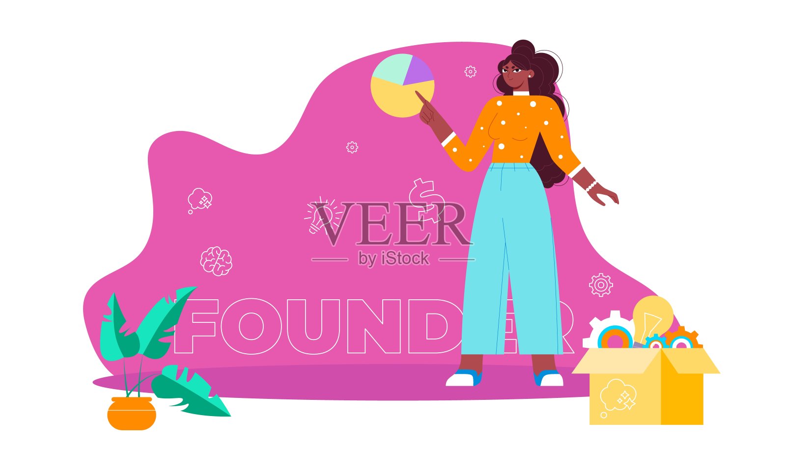 启动失败。概念与年轻的黑人妇女，关键字，图标-木屐，美元符号，灯泡，大脑插画图片素材