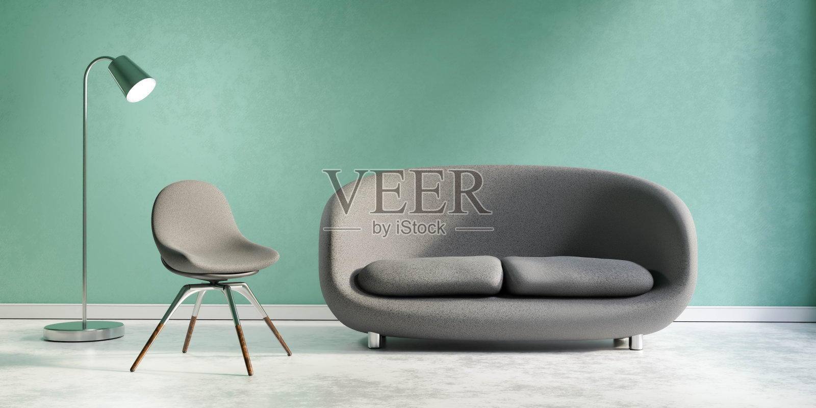 当代灰色现代沙发与软垫椅和灯3d渲染插图照片摄影图片