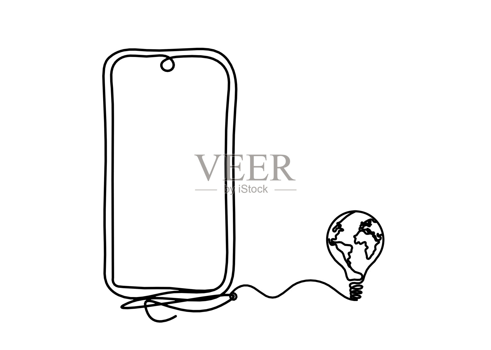 摘要以球形灯泡为线描在白色背景上的手机插画图片素材