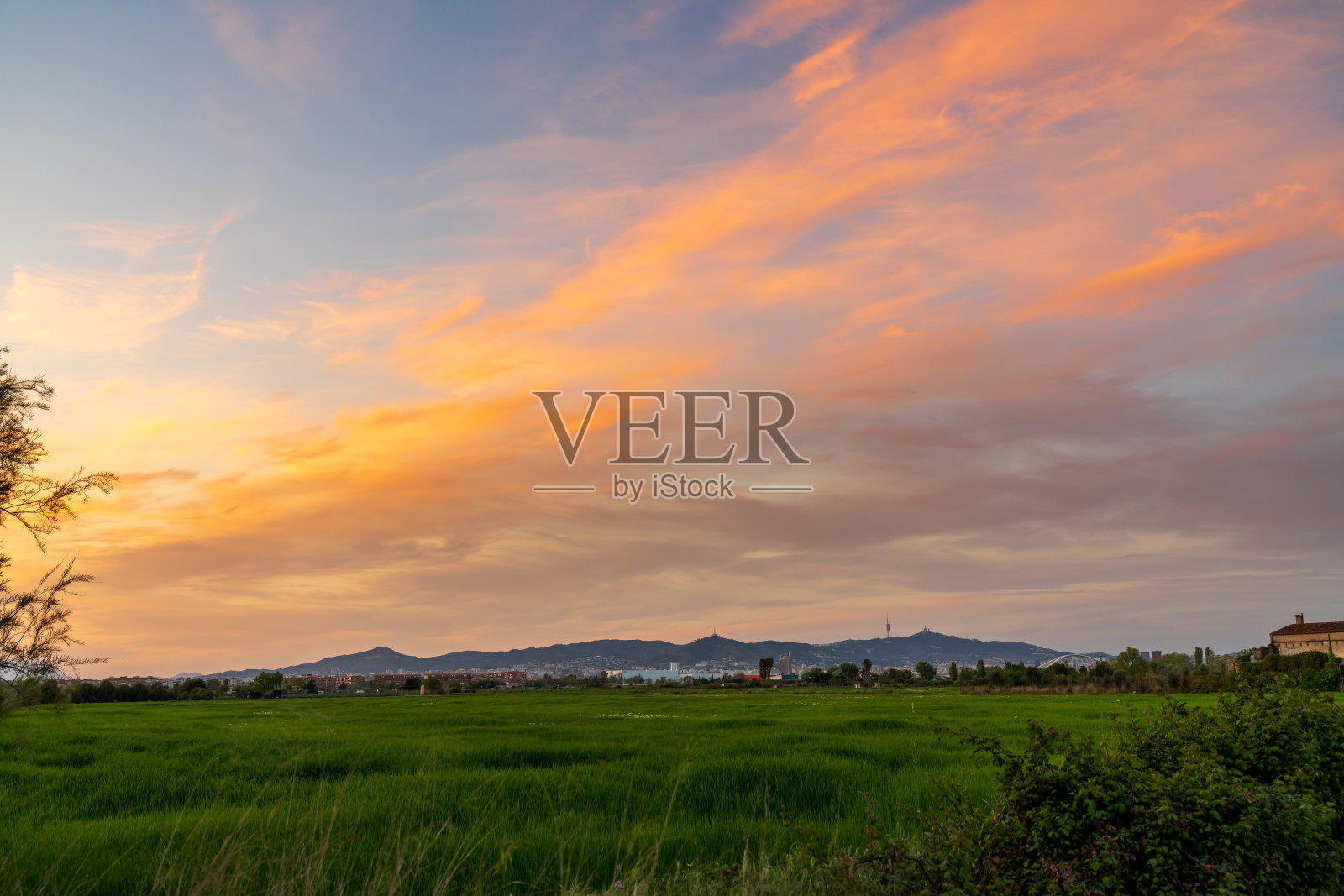 日落在巴塞罗那的Collserola山。来自Llobregat三角洲。照片摄影图片