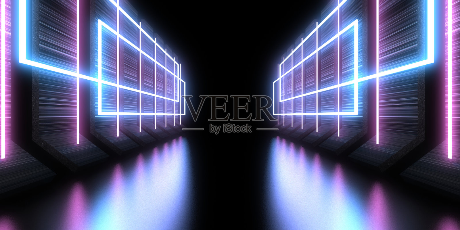 三维抽象背景与霓虹灯。霓虹灯隧道。空间建设。三维插图照片摄影图片