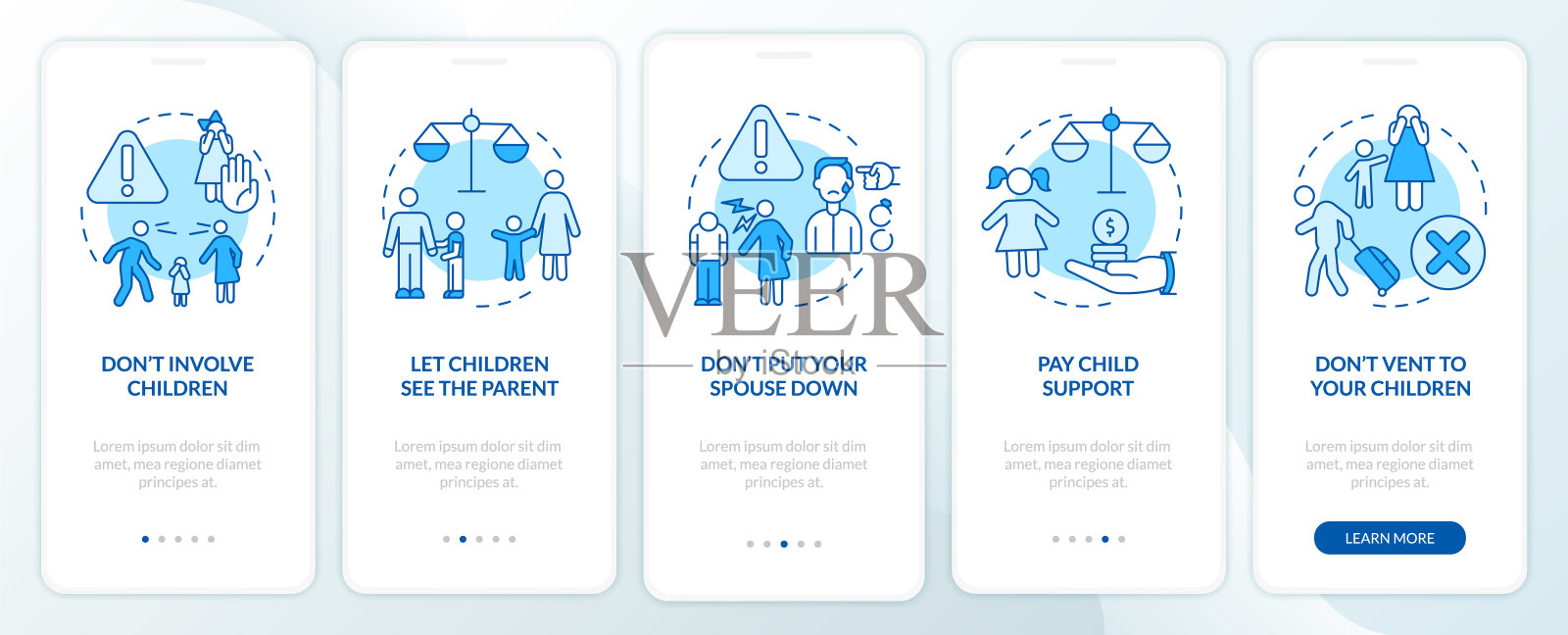 离婚必备事项在登机手机应用程序屏幕上呈现蓝色插画图片素材