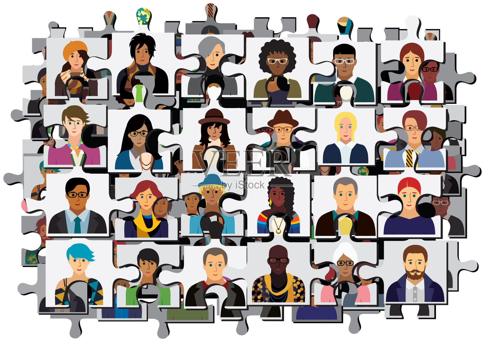 社交网络方案，以拼图的形式包含人物图标。插画图片素材